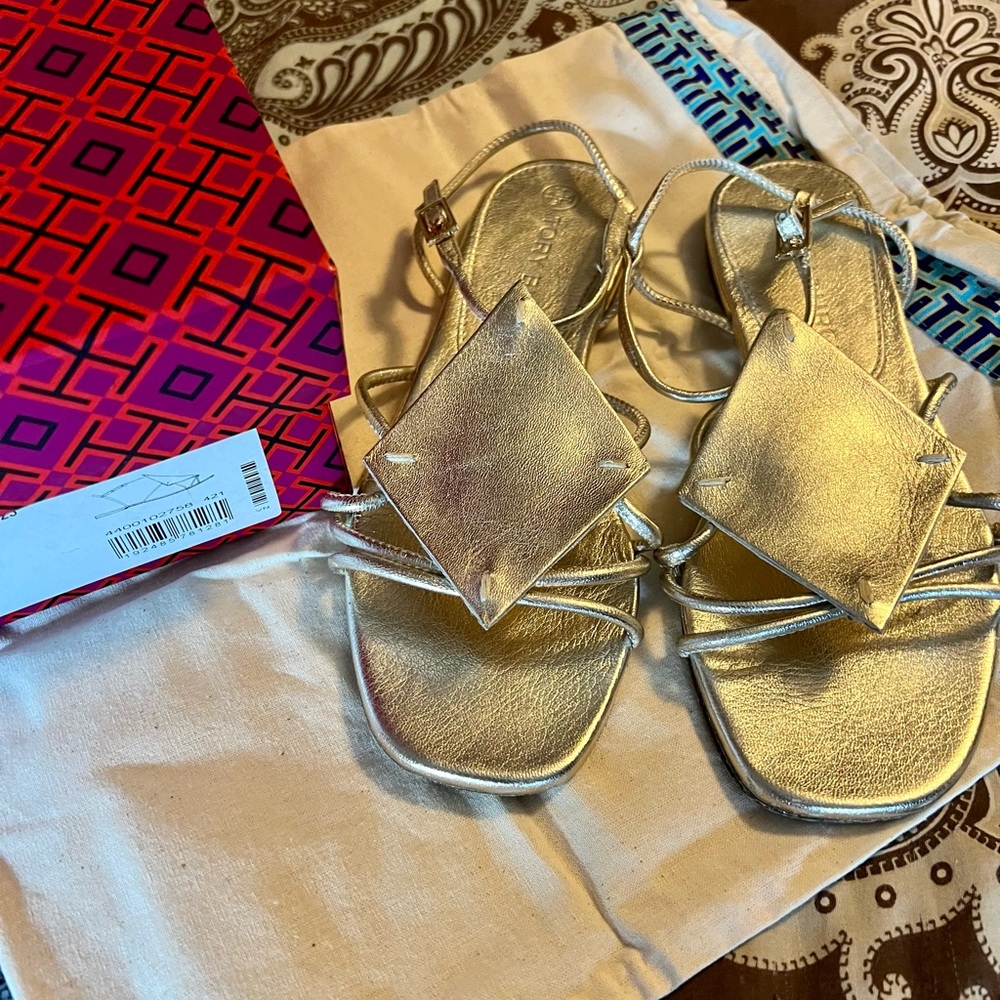 Tory Burch Diamond Patch Sandal Metallic Goat Leather Size 6